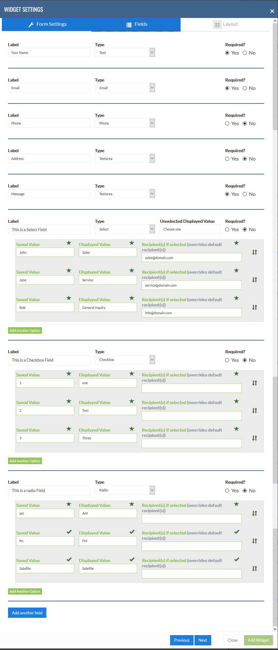 Form Fields tab