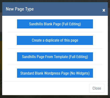 Create new page modal