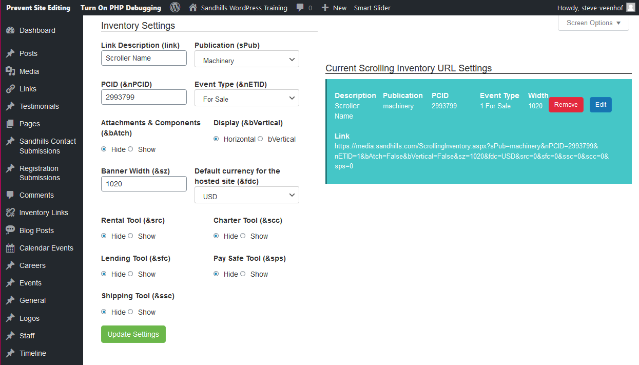 Scrolling inventory settings.